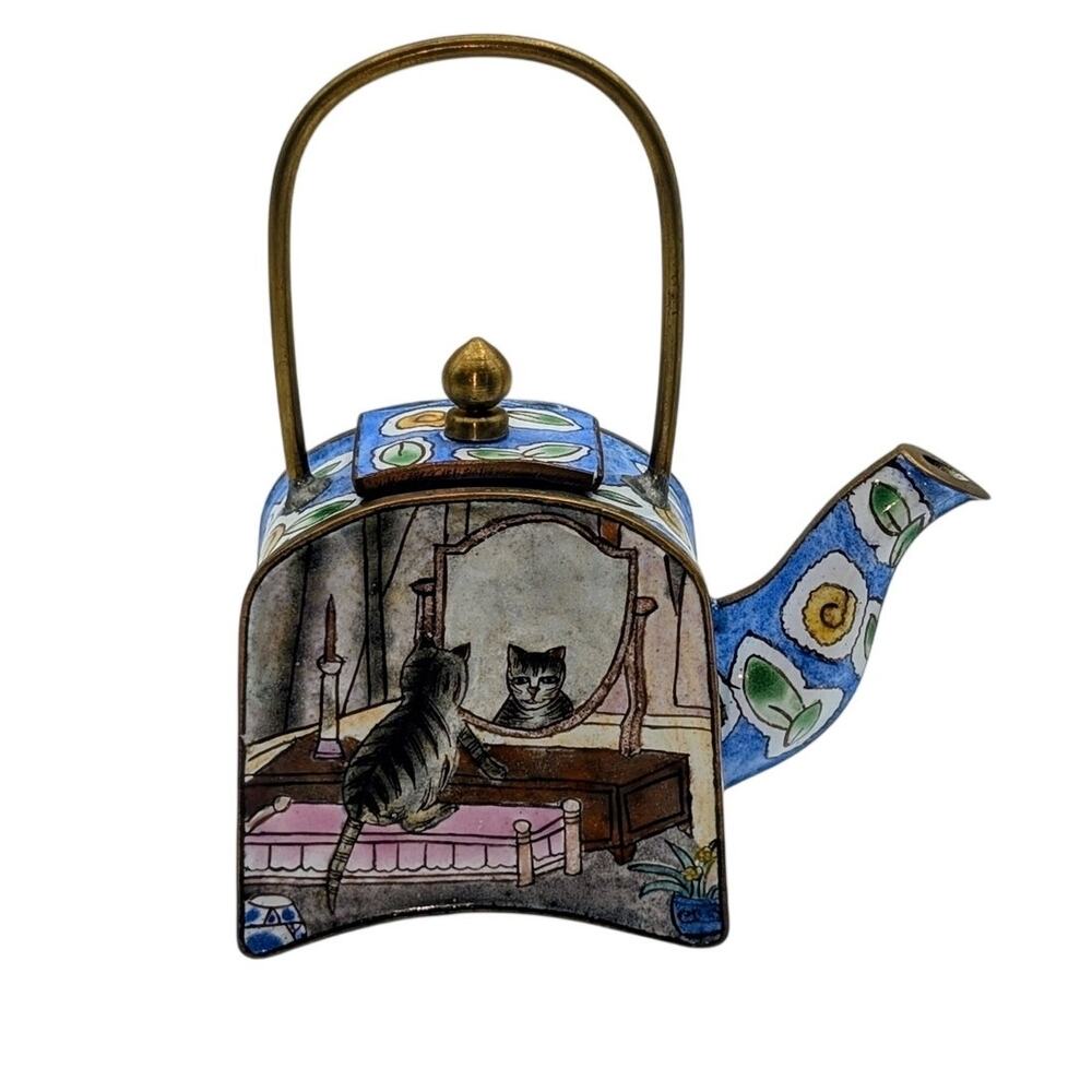 VTG Empress Arts Pretty Kitty Painted Enamel Brass Collectible Mini Teapot